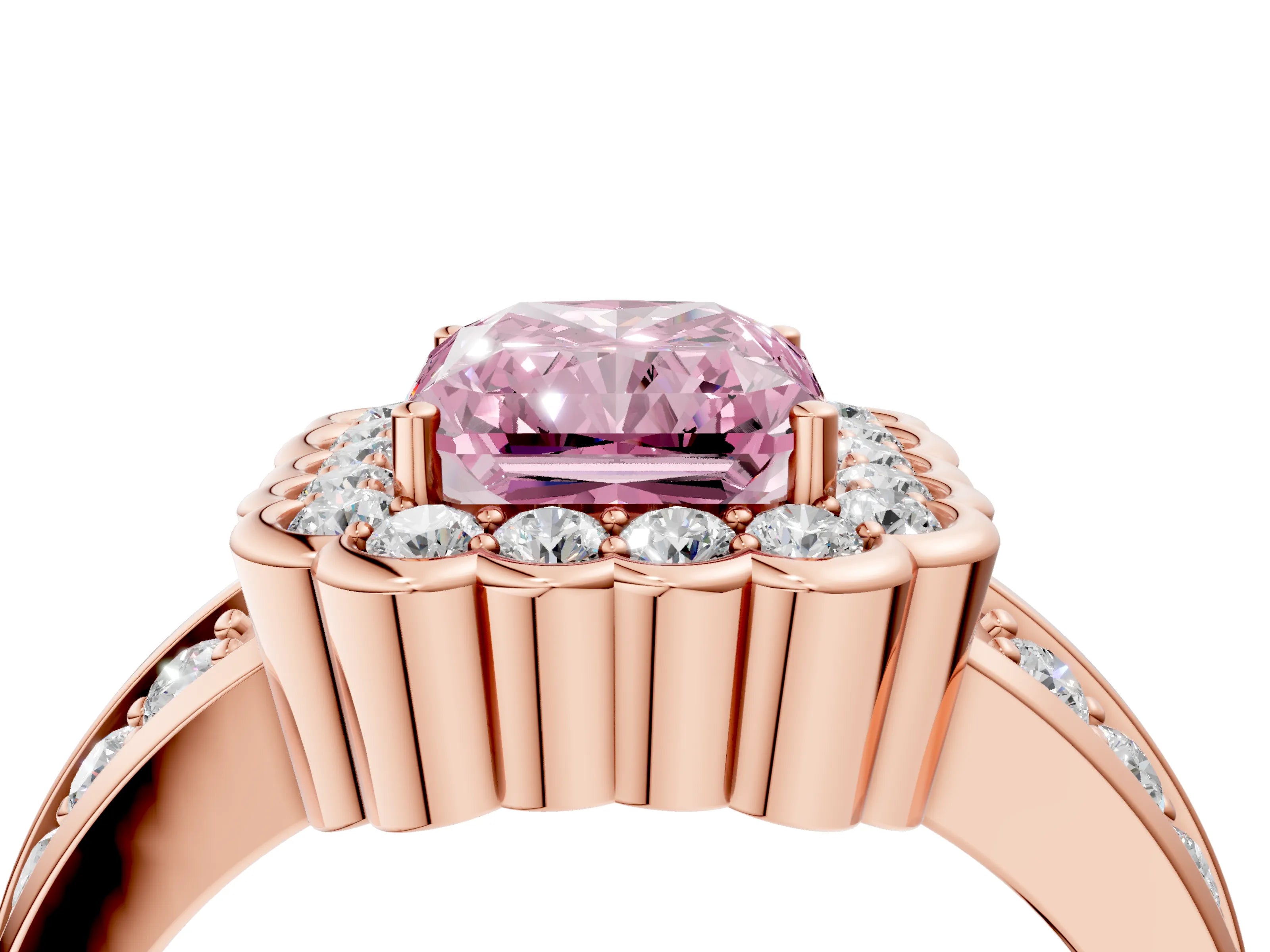 Rose gold Fancy Pink Radiant Cut Halo Diamond Split Shank Ring with Scalloped Prong Setting_4