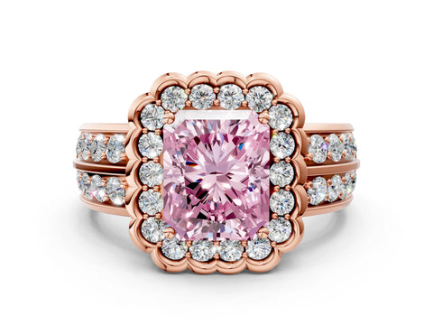 Rose gold Fancy Pink Radiant Cut Halo Diamond Split Shank Ring with Scalloped Prong Setting