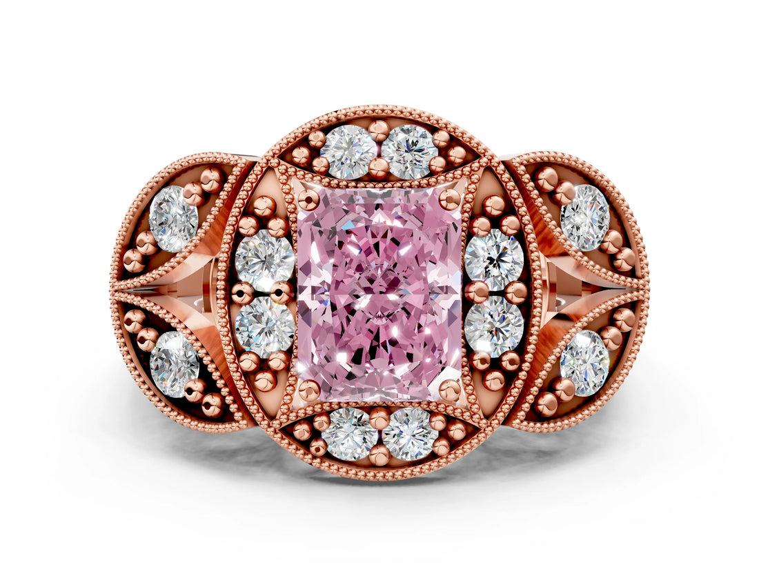 Rose gold Fancy Pink Radiant Cut Halo Milgrain Diamond Engagement Ring with Leaf Band and Four-Prong Setting
