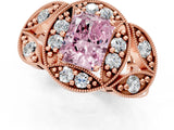Rose gold Fancy Pink Radiant Cut Halo Milgrain Diamond Engagement Ring with Leaf Band and Four-Prong Setting_1