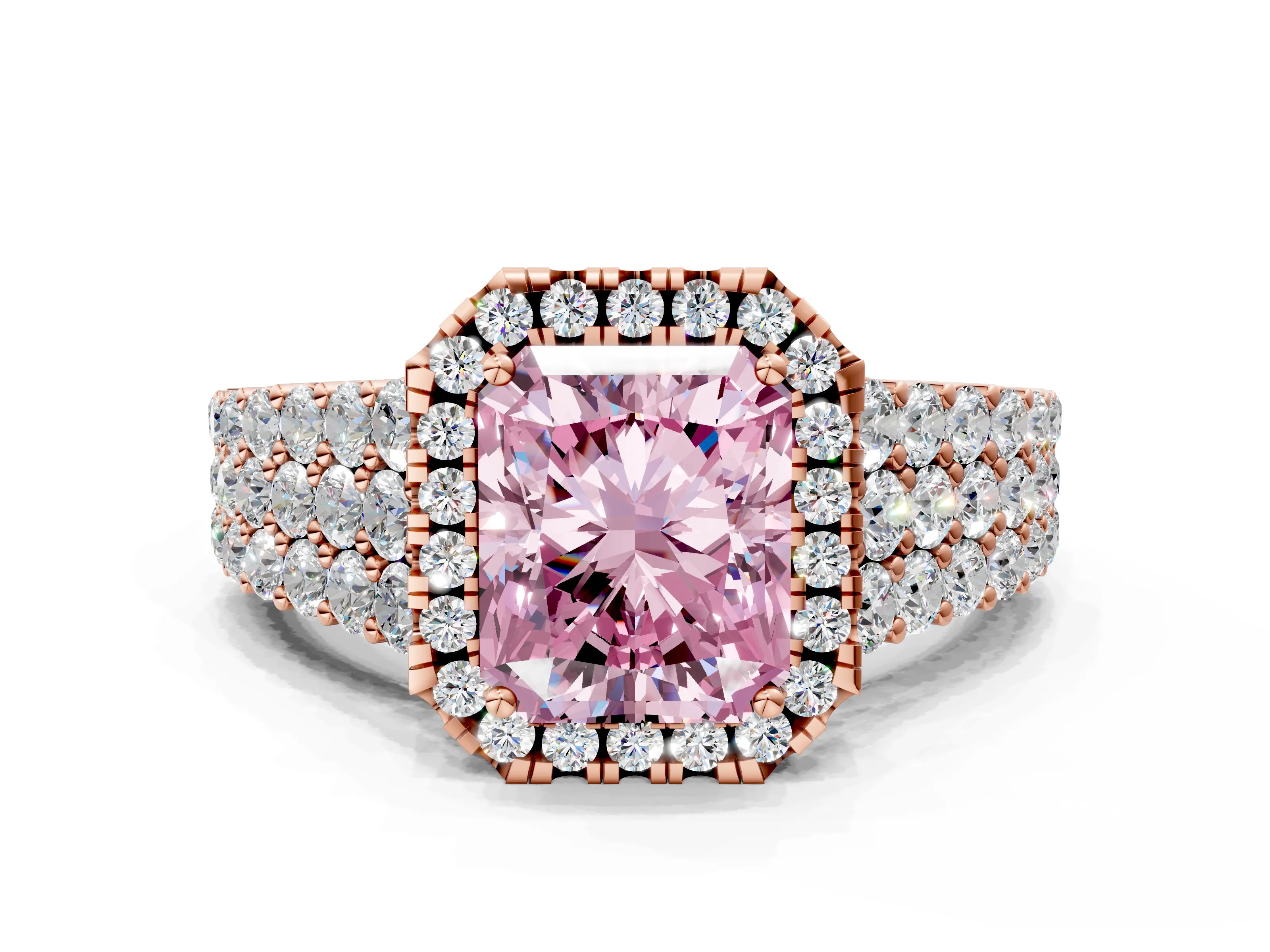 Rose gold Fancy Pink Radiant Cut Halo Pavé Diamond Engagement Ring with Split Shank and Four-Prong Setting_3