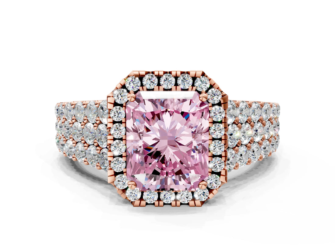 Rose gold Fancy Pink Radiant Cut Halo Pavé Diamond Engagement Ring with Split Shank and Four-Prong Setting_3