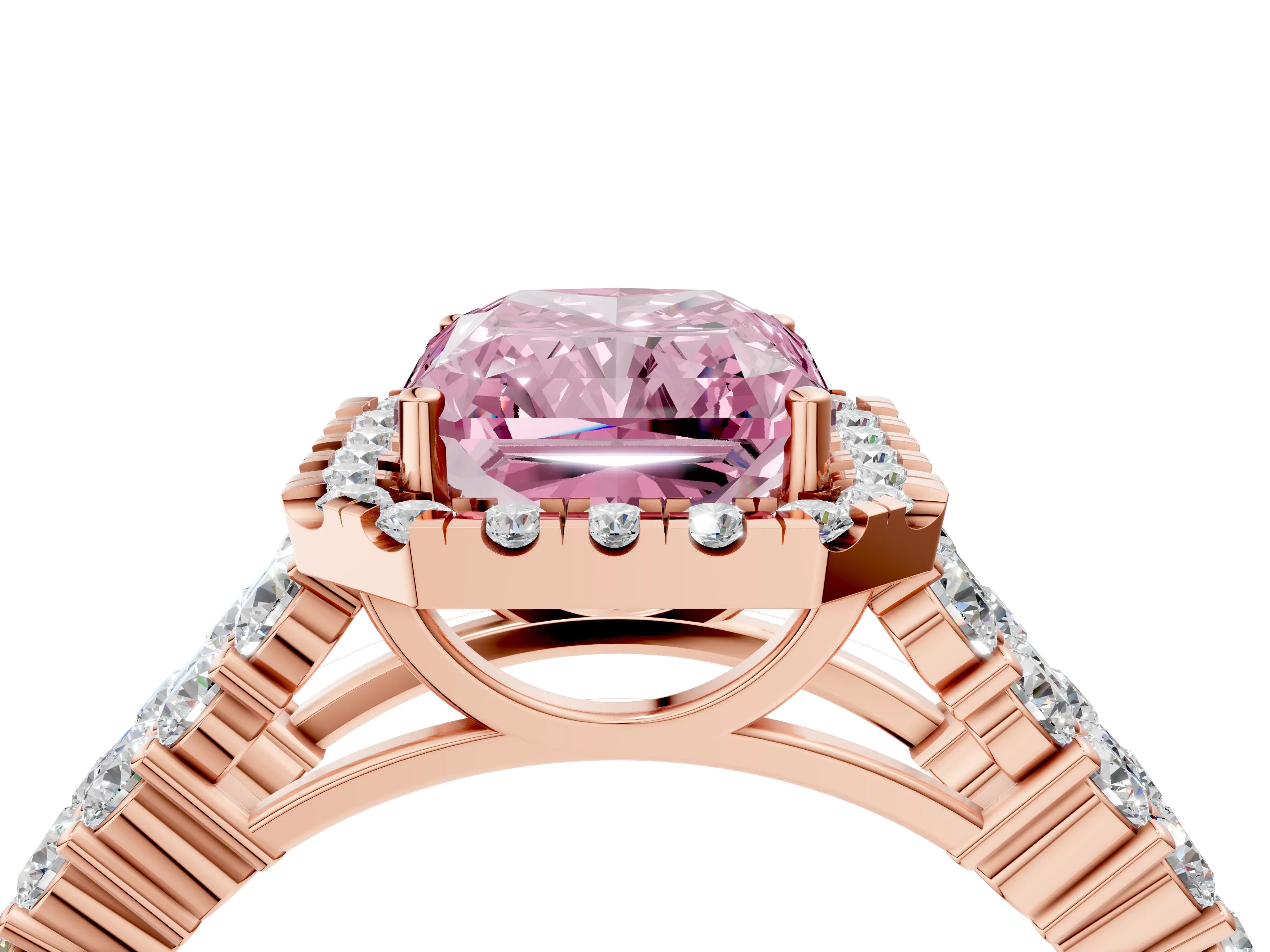 Rose gold Fancy Pink Radiant Cut Halo Pavé Diamond Engagement Ring with Split Shank and Four-Prong Setting_7
