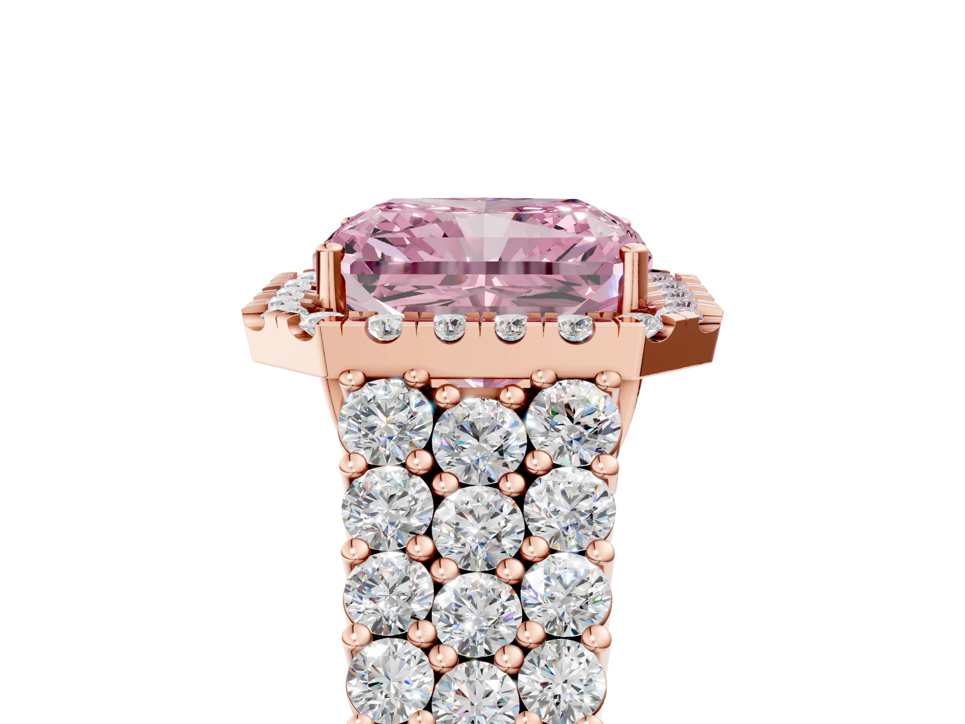 Rose gold Fancy Pink Radiant Cut Halo Pavé Diamond Engagement Ring with Split Shank and Four-Prong Setting_8