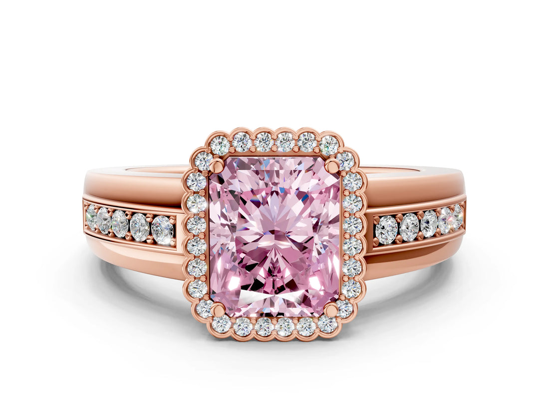 Rose gold Fancy Pink Radiant  Cut Halo Pave Band Four-Prong Ring_49