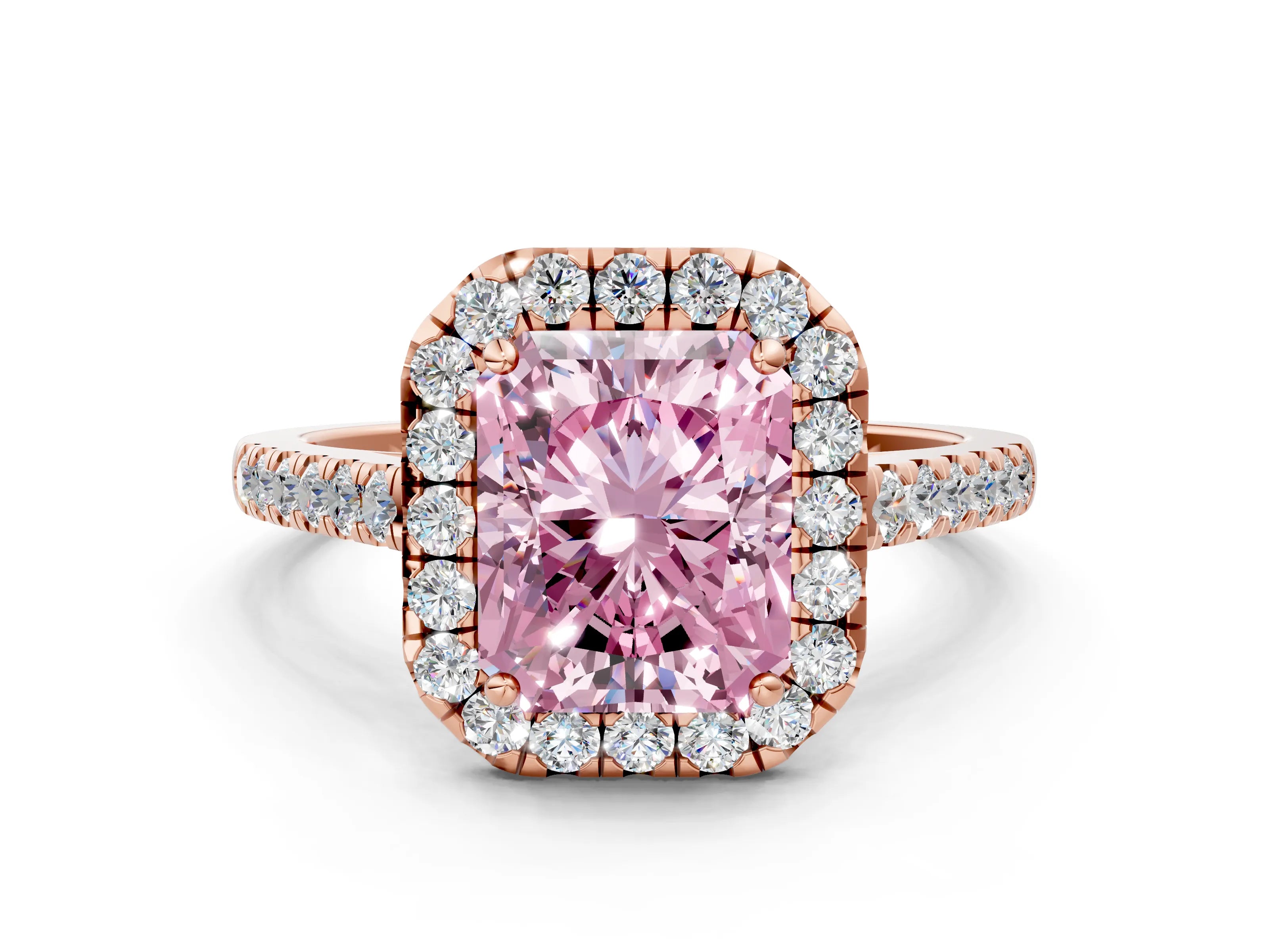 Rose gold Fancy Pink Radiant Cut Halo Pave Diamond Engagement Ring with Four-Prong Setting_12