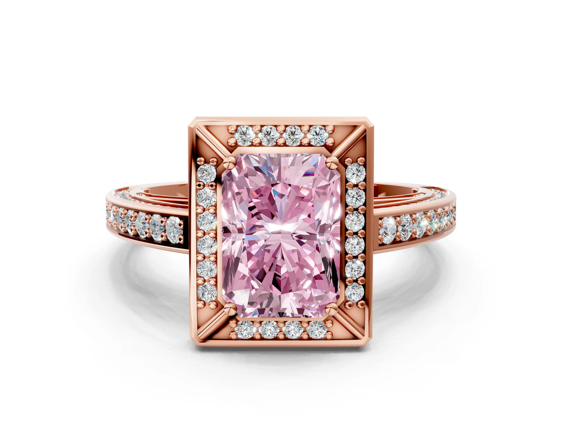 Rose gold Fancy Pink Radiant  Cut Halo Pave Split Shank Prong Setting Ring_31