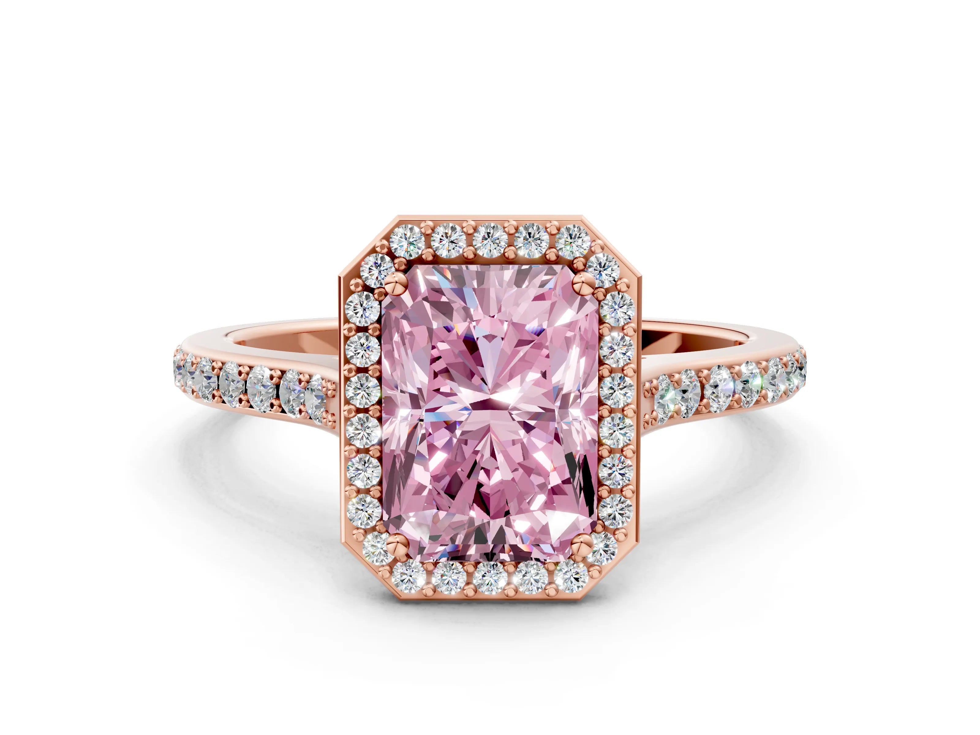 Rose gold Fancy Pink Radiant Cut Halo Round Diamond Pavé Band with Four-Prong Setting_3