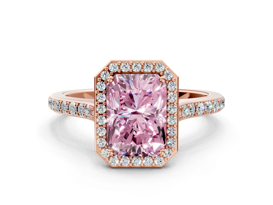 Rose gold Fancy Pink Radiant Cut Halo Round Diamond Pavé Band with Four-Prong Setting_3