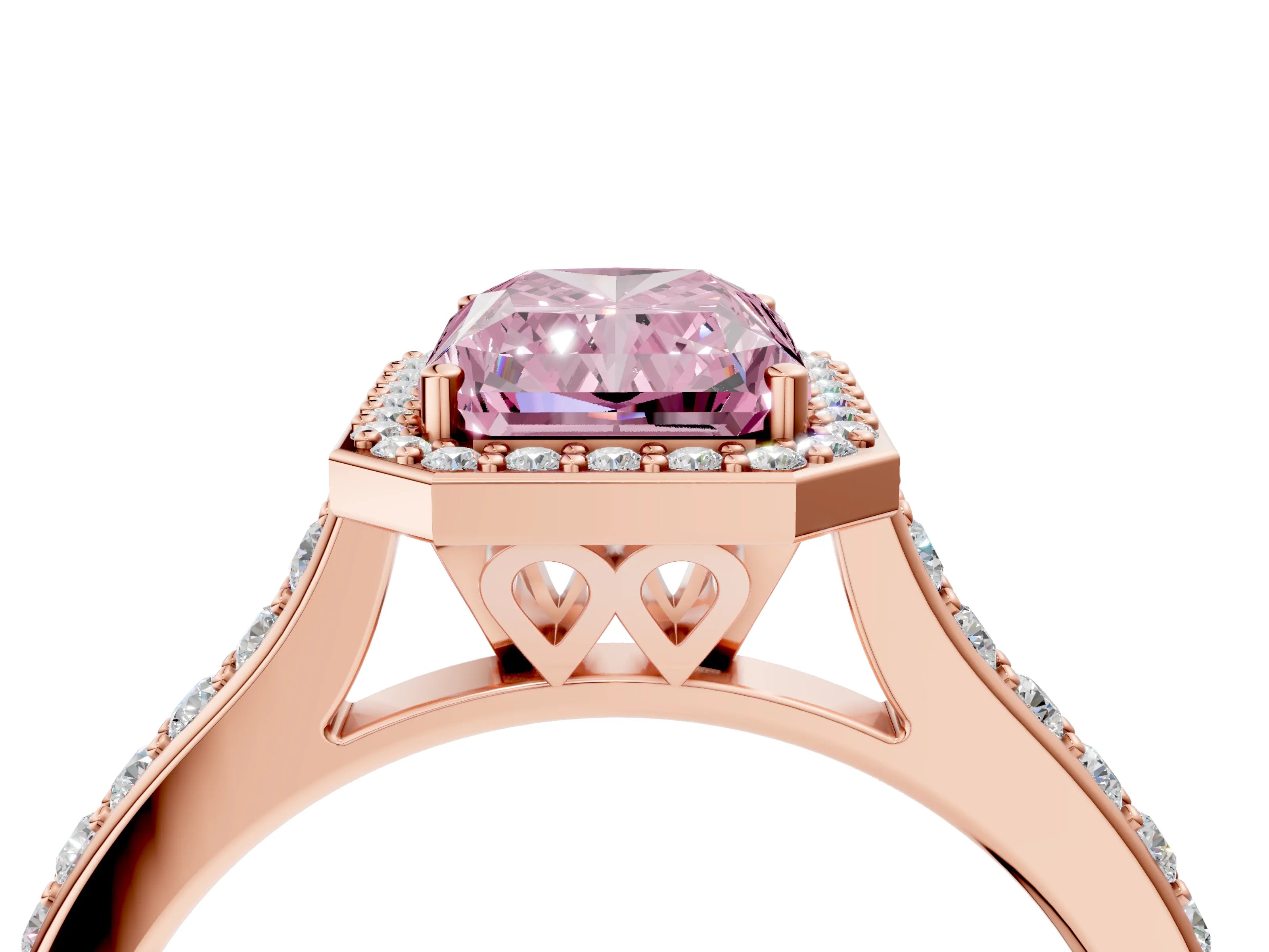 Rose gold Fancy Pink Radiant Cut Halo Round Diamond Pavé Band with Four-Prong Setting_7