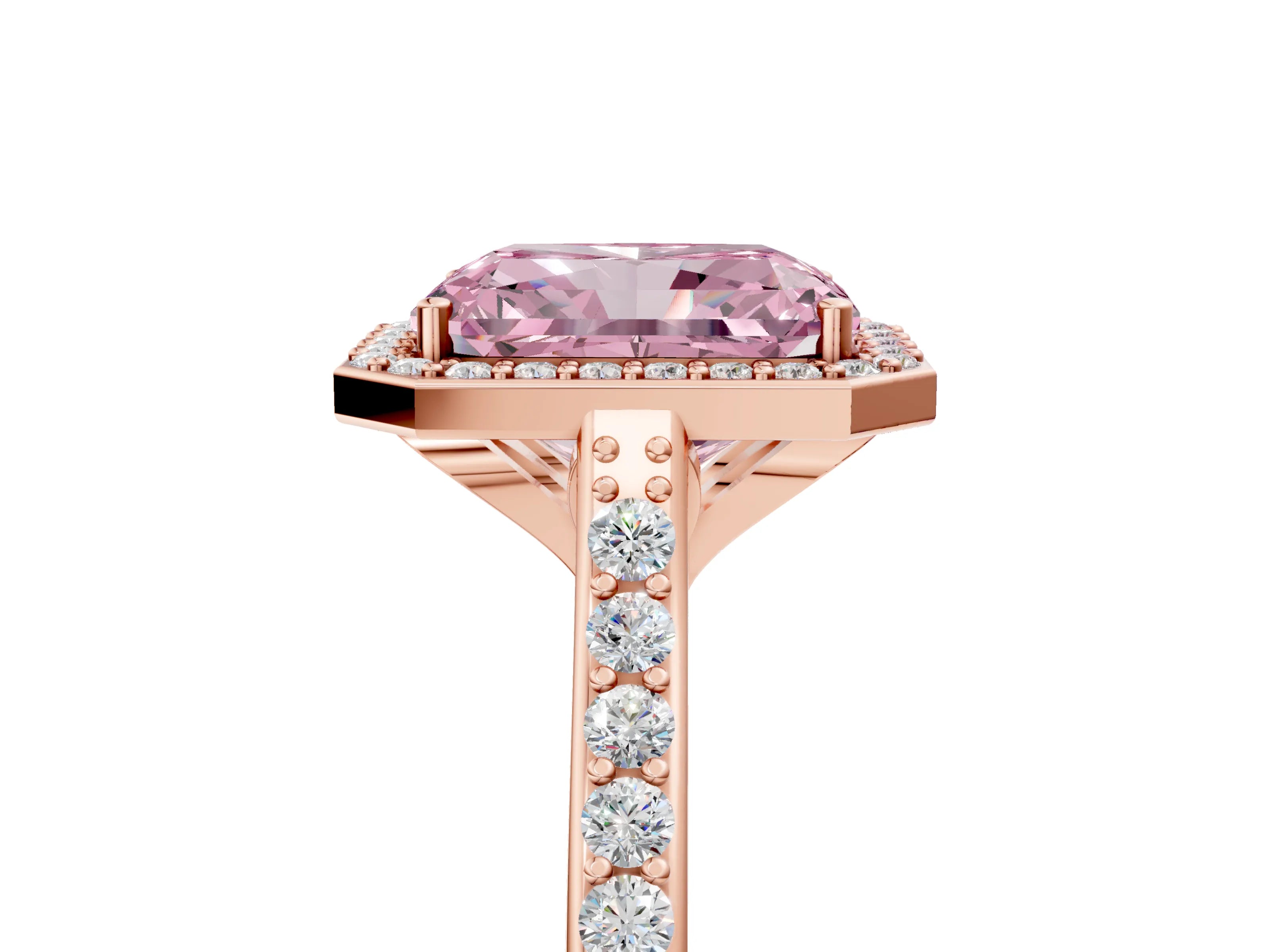 Rose gold Fancy Pink Radiant Cut Halo Round Diamond Pavé Band with Four-Prong Setting_8