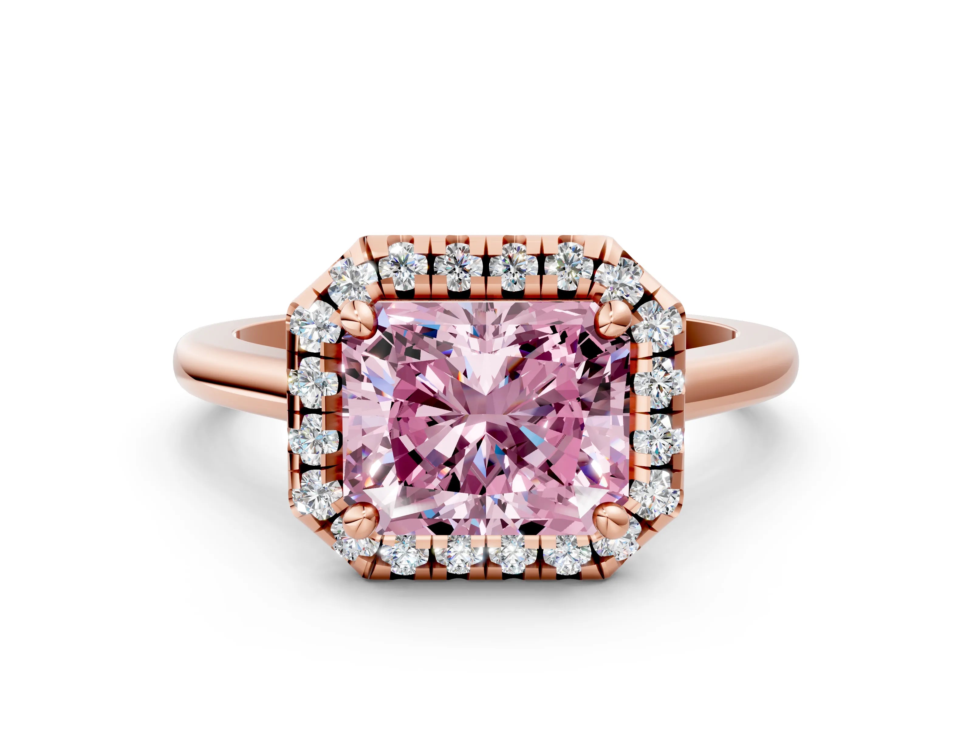 Rose gold Fancy Pink Radiant Cut Halo Round Diamond Solitaire Engagement Ring with Pave Band and Four-Prong Setting_12