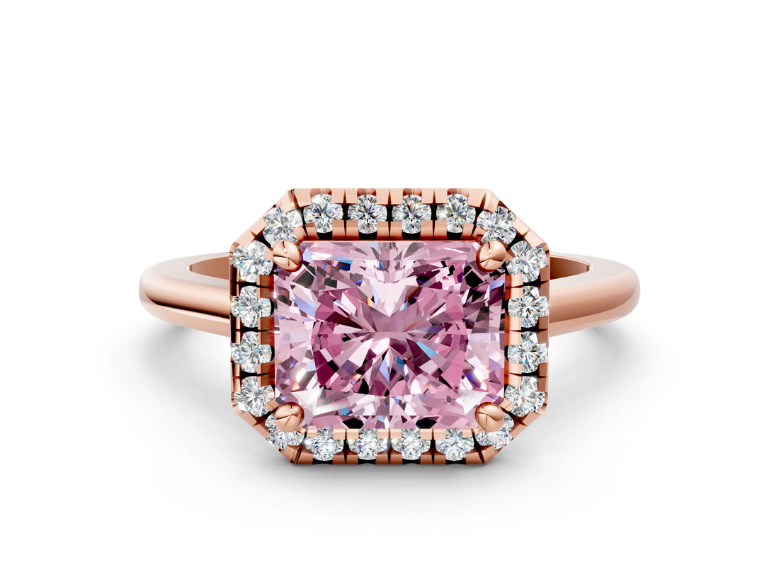 Rose gold Fancy Pink Radiant Cut Halo Round Diamond Solitaire Engagement Ring with Pave Band and Four-Prong Setting_12