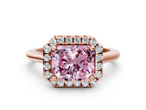 Rose gold Fancy Pink Radiant Cut Halo Round Diamond Solitaire Engagement Ring with Pave Band and Four-Prong Setting_12