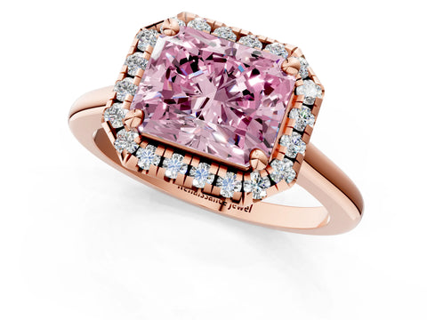 Rose gold Fancy Pink Radiant Cut Halo Round Diamond Solitaire Engagement Ring with Pave Band and Four-Prong Setting_13