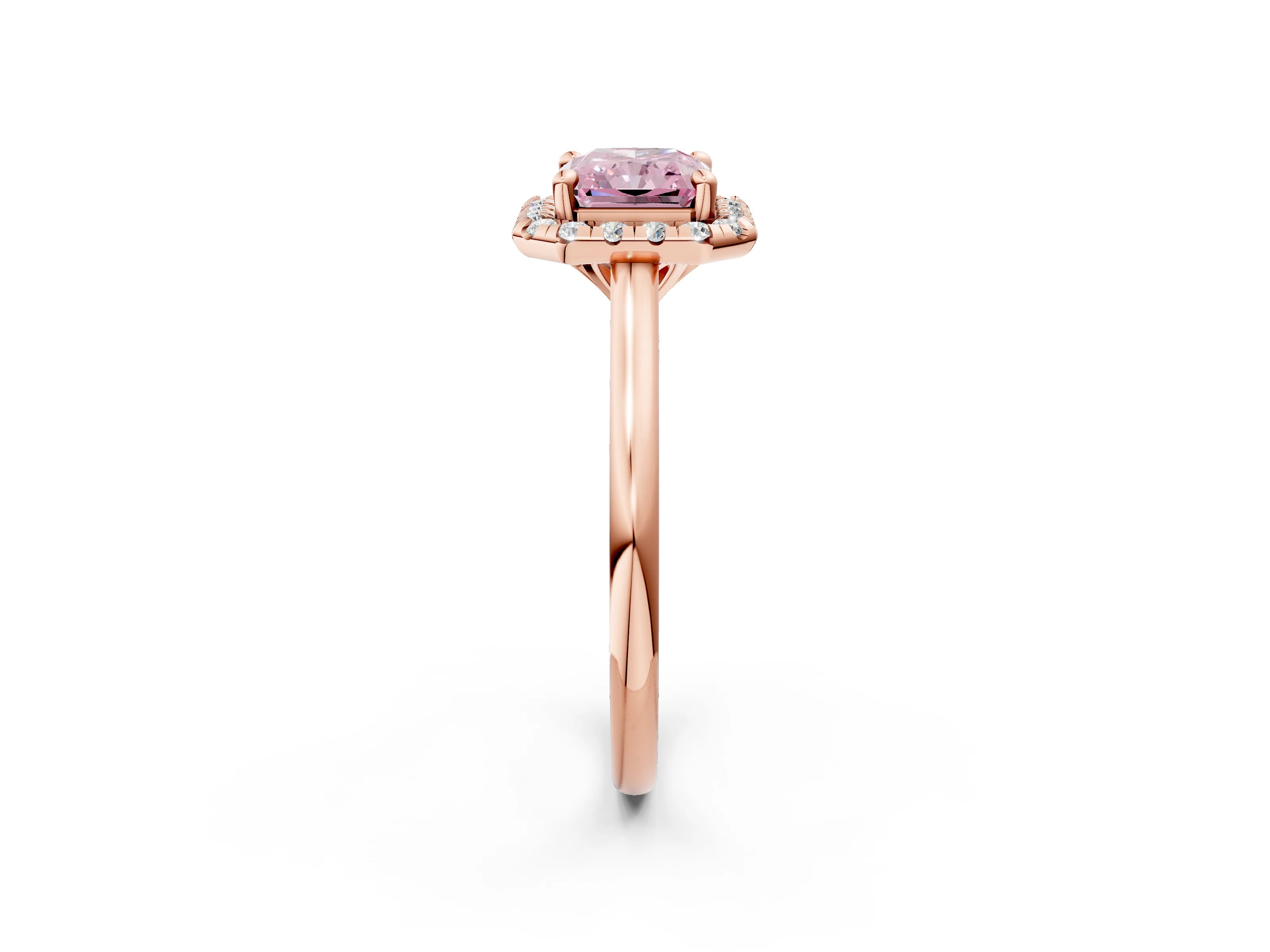 Rose gold Fancy Pink Radiant Cut Halo Round Diamond Solitaire Engagement Ring with Pave Band and Four-Prong Setting_14