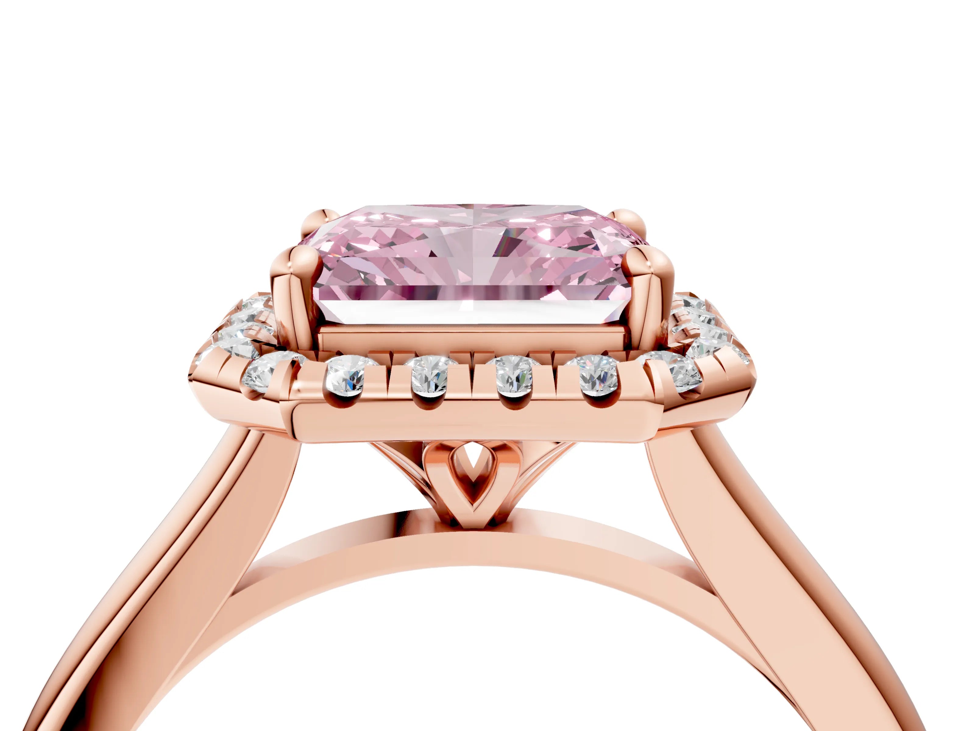 Rose gold Fancy Pink Radiant Cut Halo Round Diamond Solitaire Engagement Ring with Pave Band and Four-Prong Setting_16