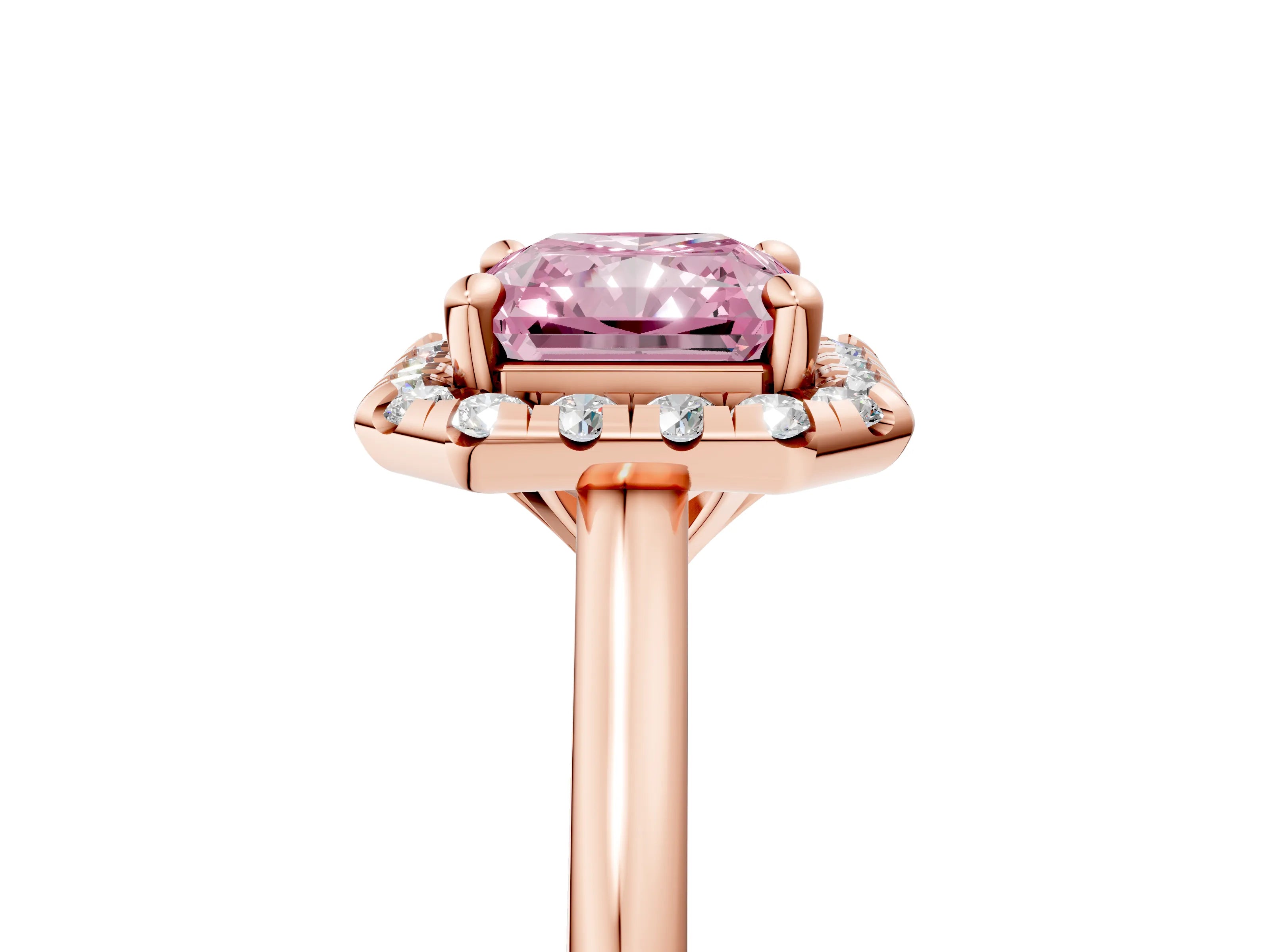 Rose gold Fancy Pink Radiant Cut Halo Round Diamond Solitaire Engagement Ring with Pave Band and Four-Prong Setting_17
