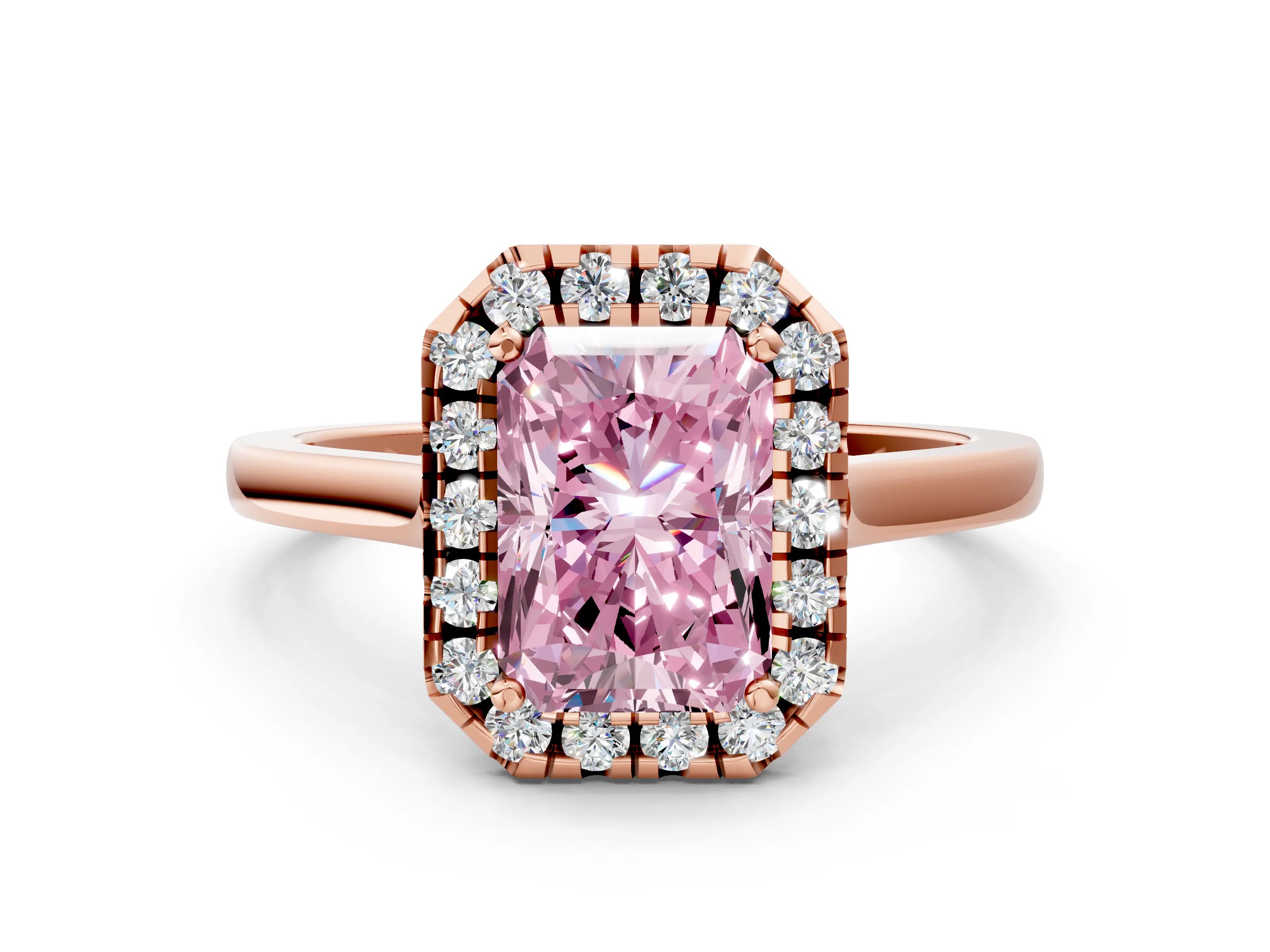 Rose gold Fancy Pink Radiant Cut Halo Round Diamond Solitaire Ring with Pavé Band and Four-Prong Setting