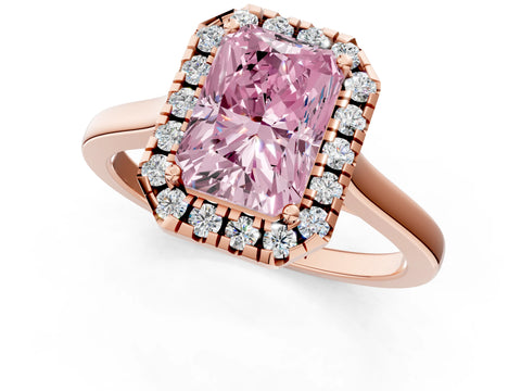 Rose gold Fancy Pink Radiant Cut Halo Round Diamond Solitaire Ring with Pavé Band and Four-Prong Setting_1