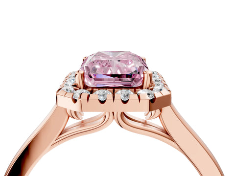 Rose gold Fancy Pink Radiant Cut Halo Round Diamond Solitaire Ring with Pavé Band and Four-Prong Setting_4