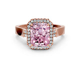 Rose gold Fancy Pink Radiant Cut Halo Round Diamond Twist Band with Four-Prong Setting