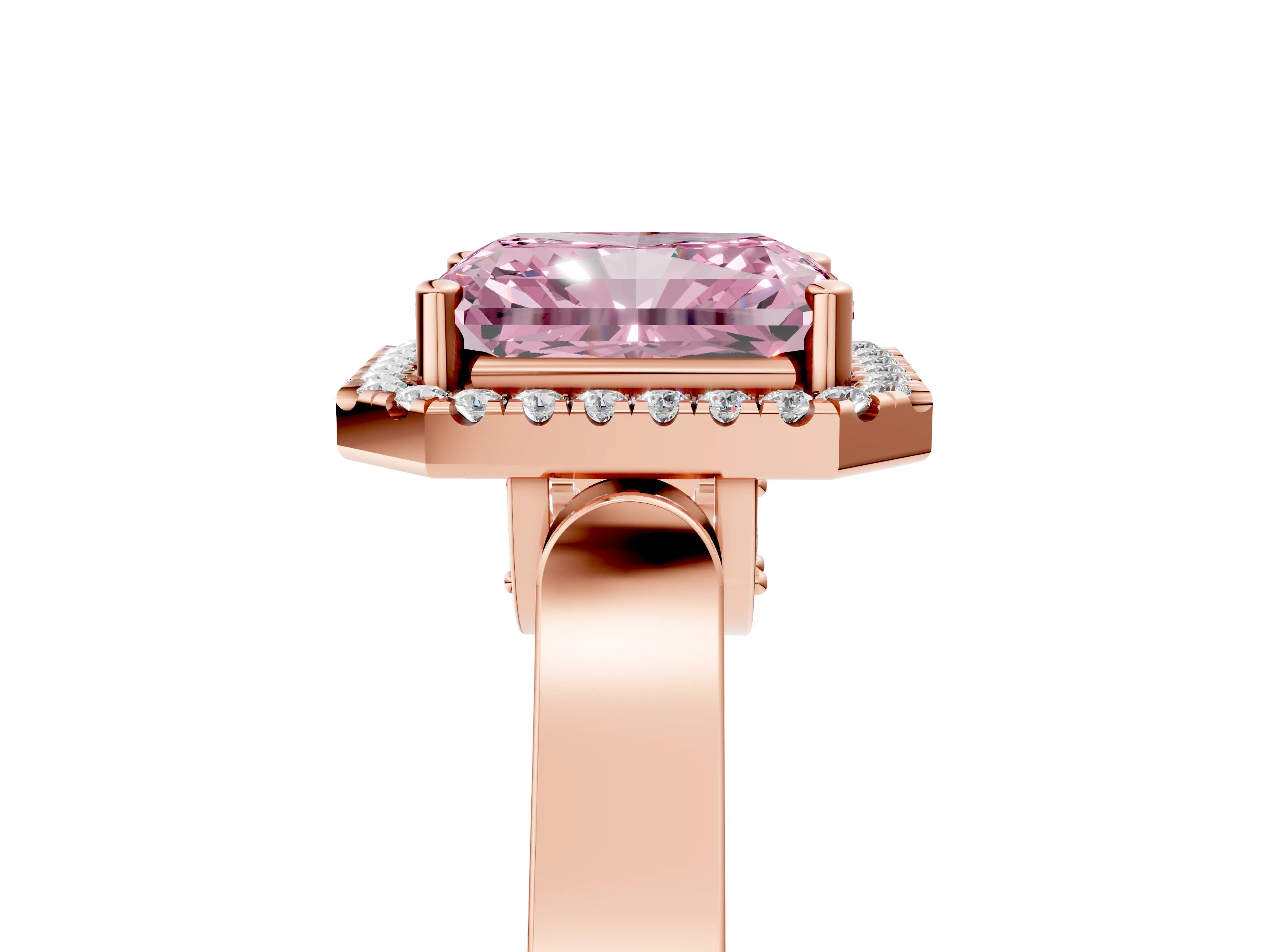 Rose gold Fancy Pink Radiant Cut Halo Round Diamond Twist Band with Four-Prong Setting_5