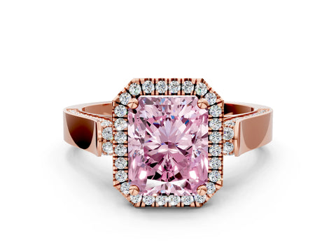 Rose gold Fancy Pink Radiant Cut Halo Round Diamond Twist Band with Four-Prong Setting