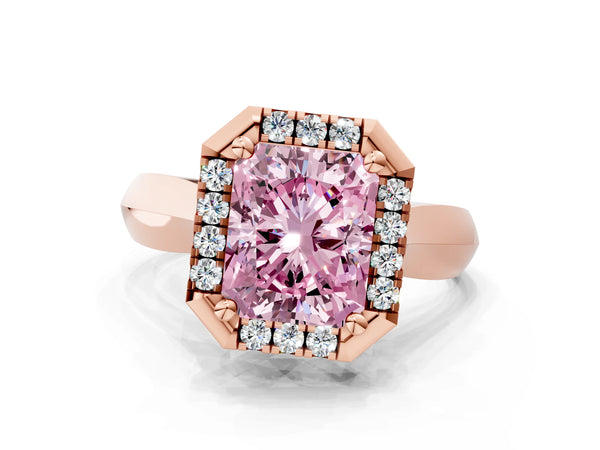 Rose gold Fancy Pink Radiant  Cut Halo Solitaire Engagement Ring with Square Band and Four-Prong Setting