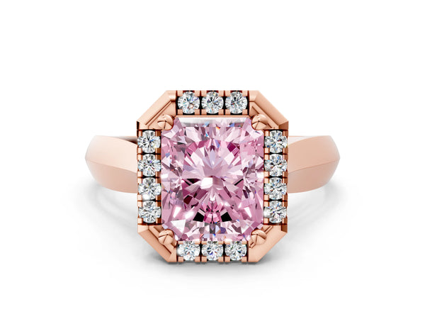 Rose gold Fancy Pink Radiant  Cut Halo Solitaire Engagement Ring with Square Band and Four-Prong Setting