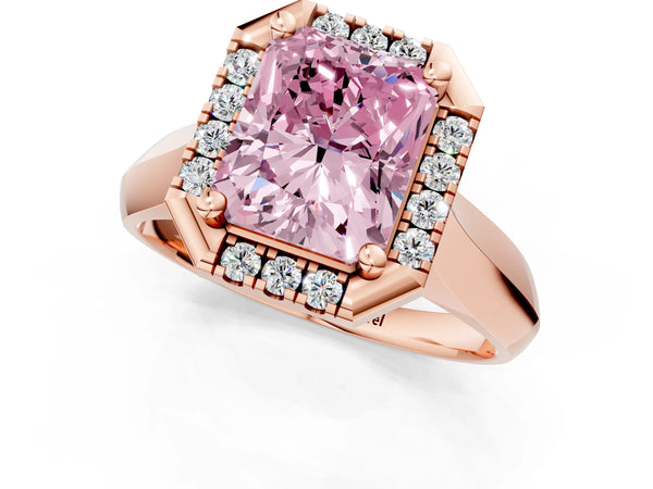 Rose gold Fancy Pink Radiant  Cut Halo Solitaire Engagement Ring with Square Band and Four-Prong Setting