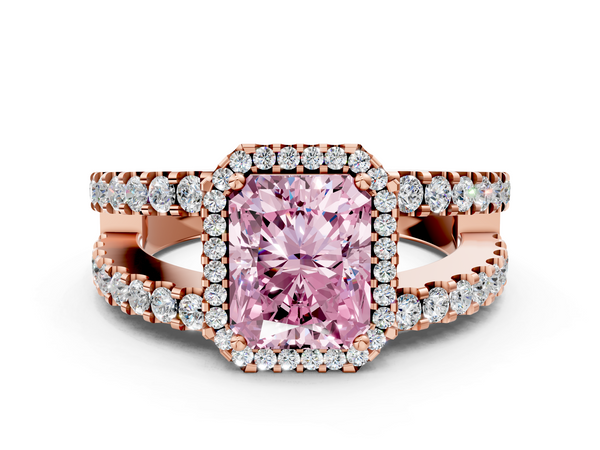 Rose gold Fancy Pink Radiant  Cut Halo Split Shank Diamond Ring with Four-Prong Setting