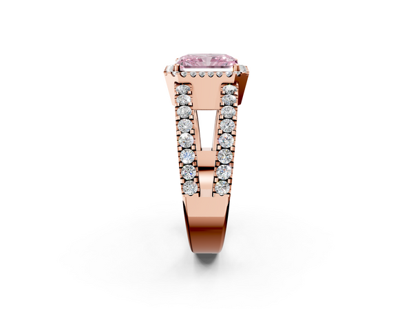 Rose gold Fancy Pink Radiant  Cut Halo Split Shank Diamond Ring with Four-Prong Setting