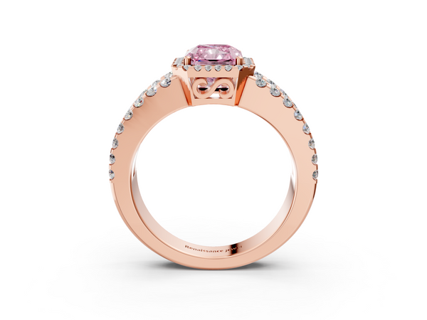 Rose gold Fancy Pink Radiant  Cut Halo Split Shank Diamond Ring with Four-Prong Setting