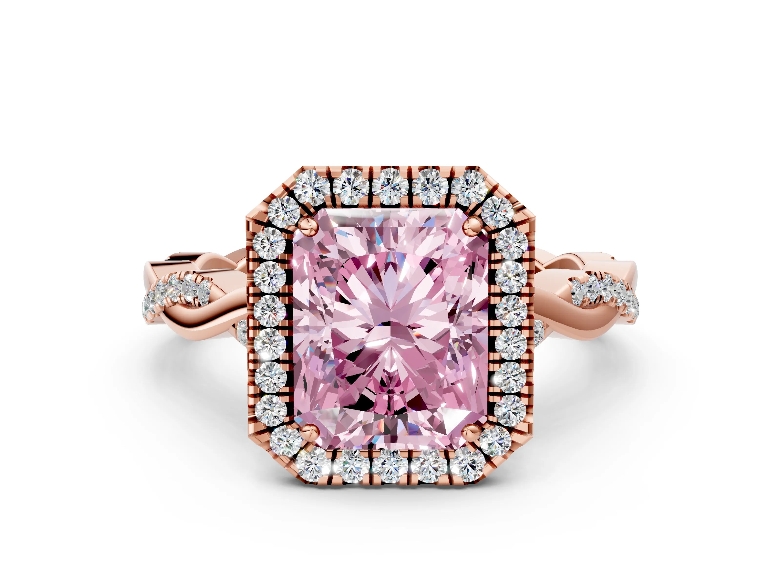 Rose gold Fancy Pink Radiant Cut Halo Twist Band with Four-Prong Setting