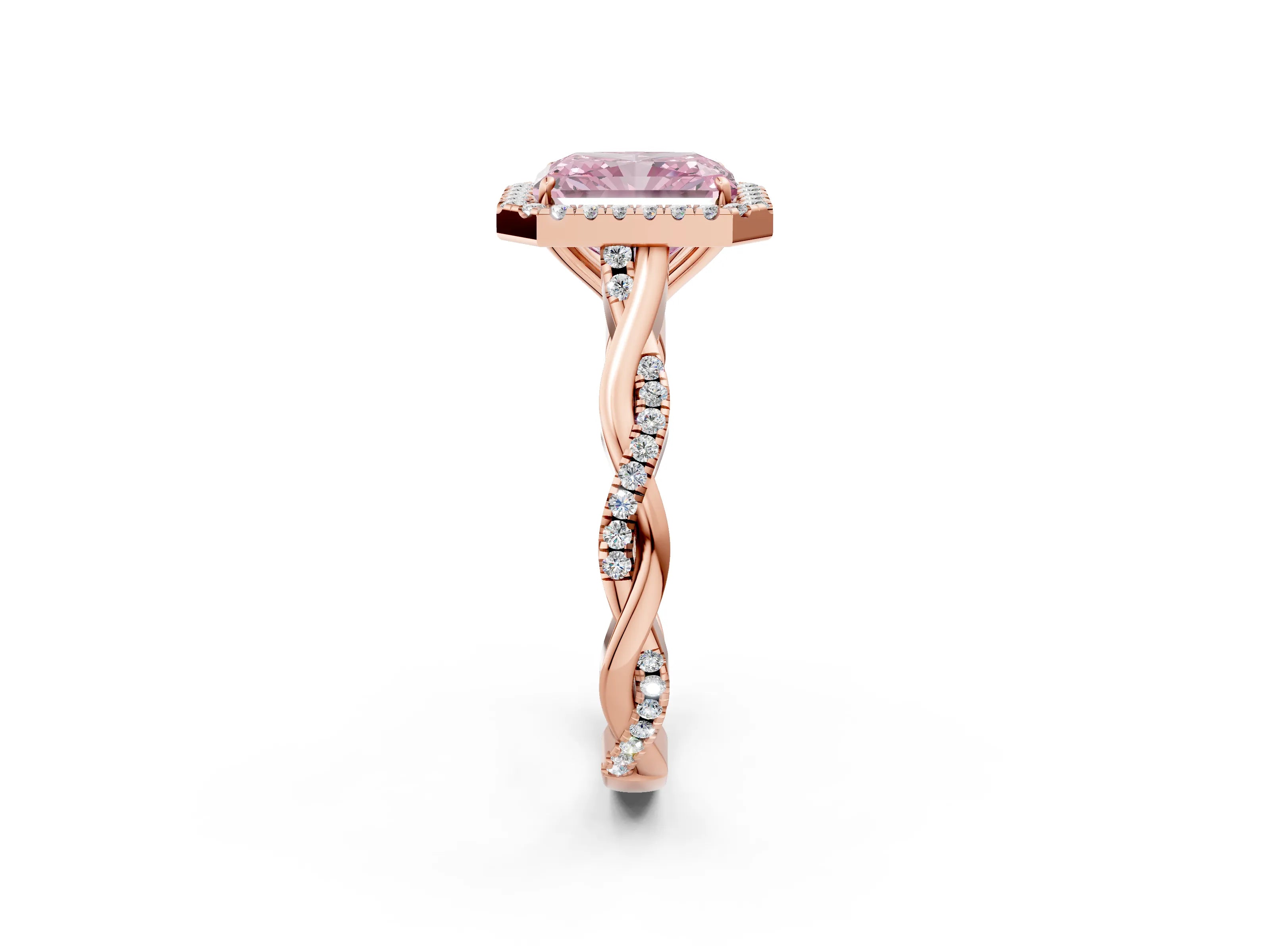 Rose gold Fancy Pink Radiant Cut Halo Twist Band with Four-Prong Setting_2