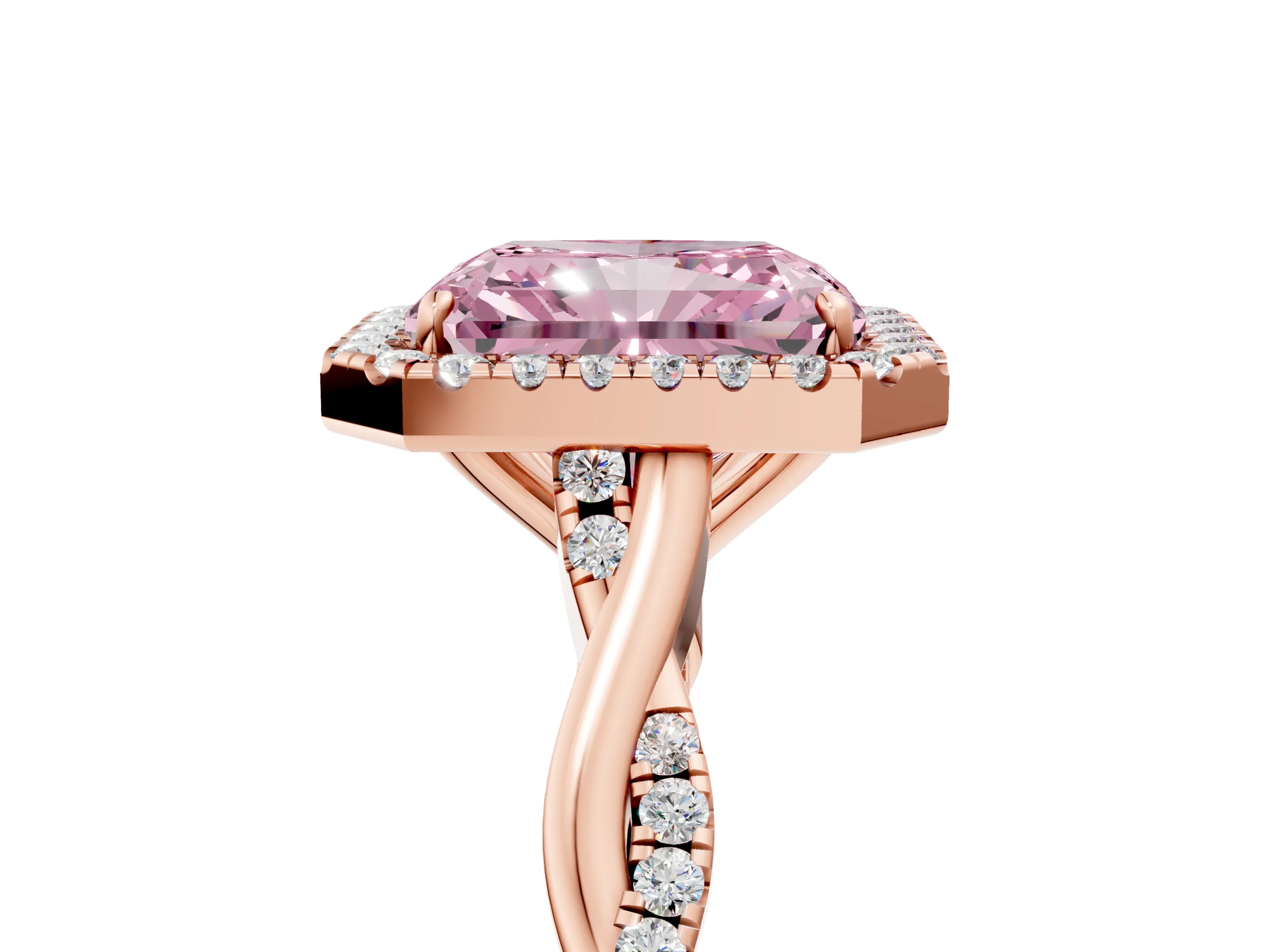 Rose gold Fancy Pink Radiant Cut Halo Twist Band with Four-Prong Setting_5