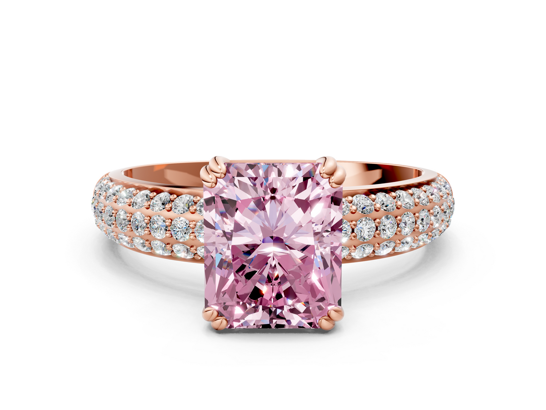 Rose gold Fancy Pink Radiant  Cut Pave Diamond Engagement Ring with Channel Set Band and Four-Prong Setting_20