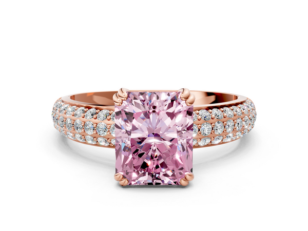 Rose gold Fancy Pink Radiant  Cut Pave Diamond Engagement Ring with Channel Set Band and Four-Prong Setting