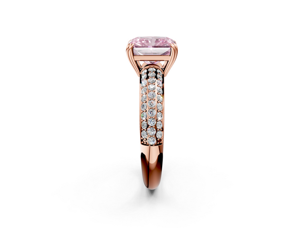 Rose gold Fancy Pink Radiant  Cut Pave Diamond Engagement Ring with Channel Set Band and Four-Prong Setting
