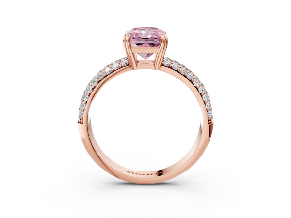 Rose gold Fancy Pink Radiant  Cut Pave Diamond Engagement Ring with Channel Set Band and Four-Prong Setting