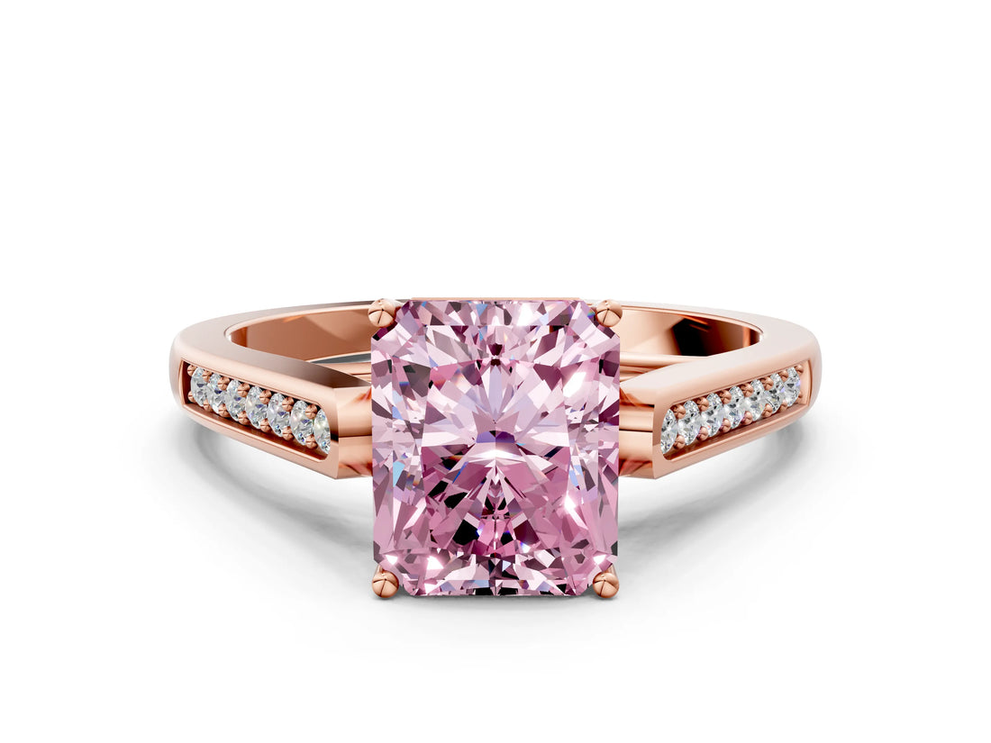 Rose gold Fancy Pink Radiant Cut Solitaire Cathedral Diamond Engagement Ring with Channel-Set Band and Four-Prong Setting_3