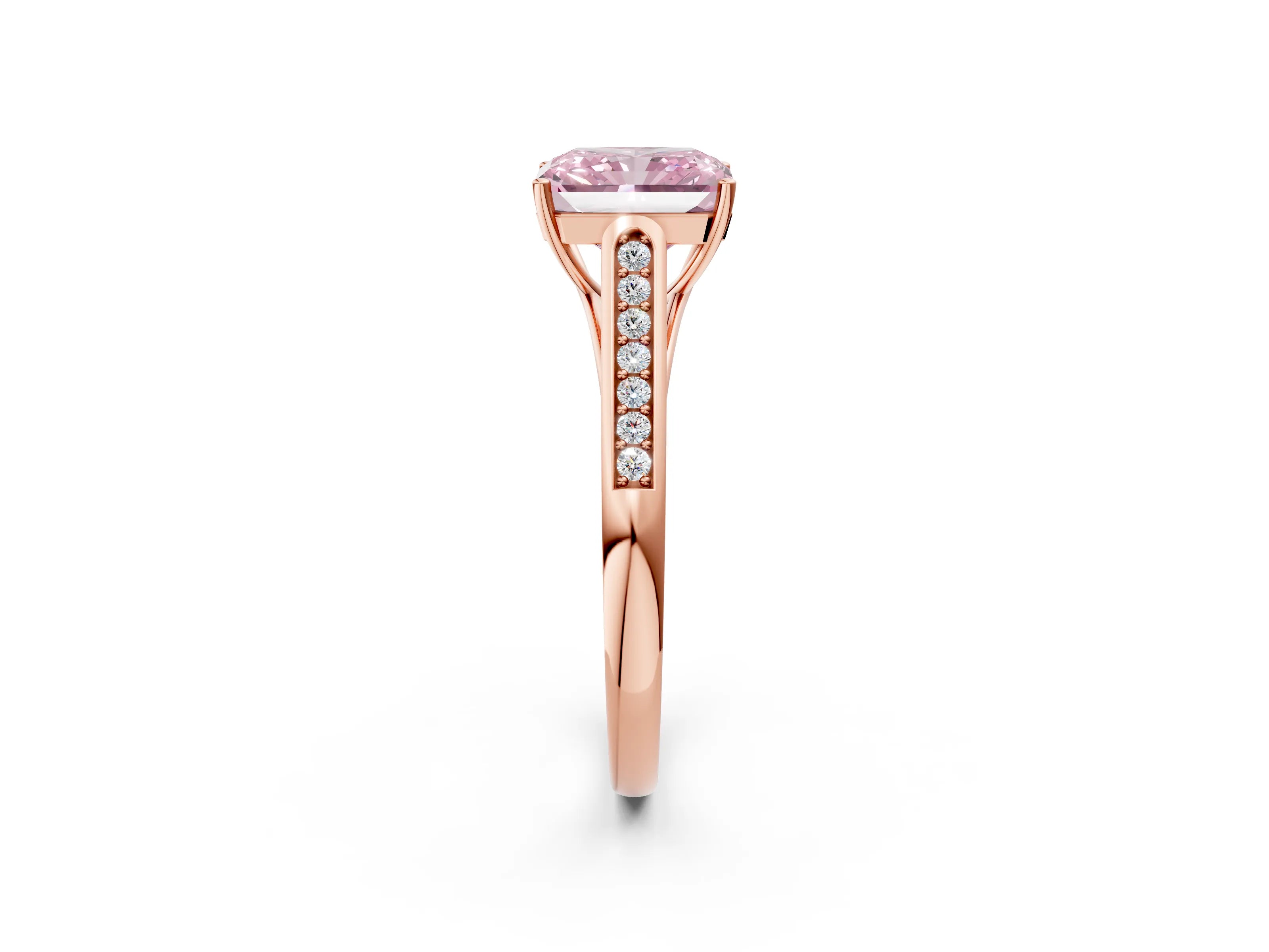 Rose gold Fancy Pink Radiant Cut Solitaire Cathedral Diamond Engagement Ring with Channel-Set Band and Four-Prong Setting_5