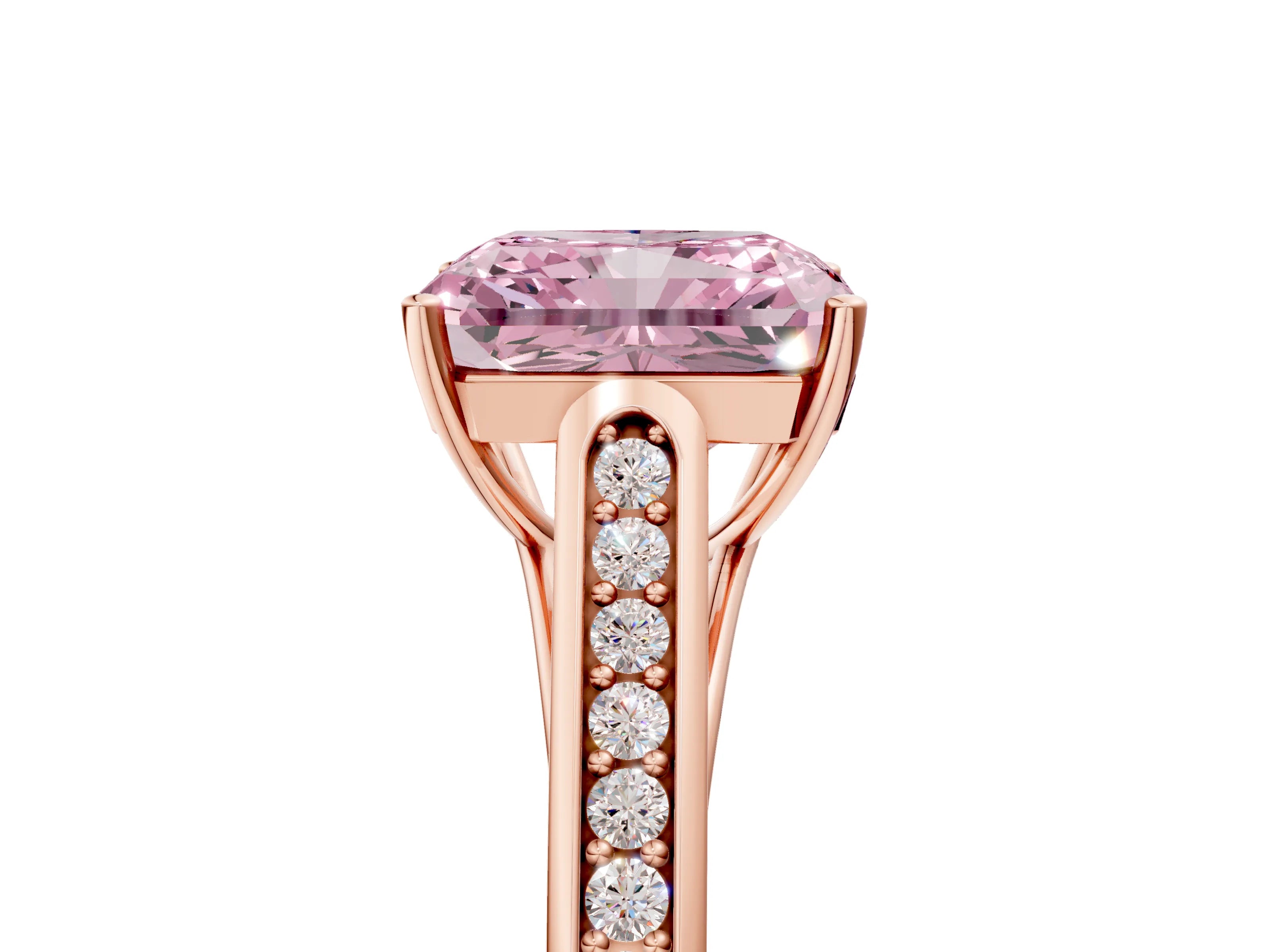 Rose gold Fancy Pink Radiant Cut Solitaire Cathedral Diamond Engagement Ring with Channel-Set Band and Four-Prong Setting_8