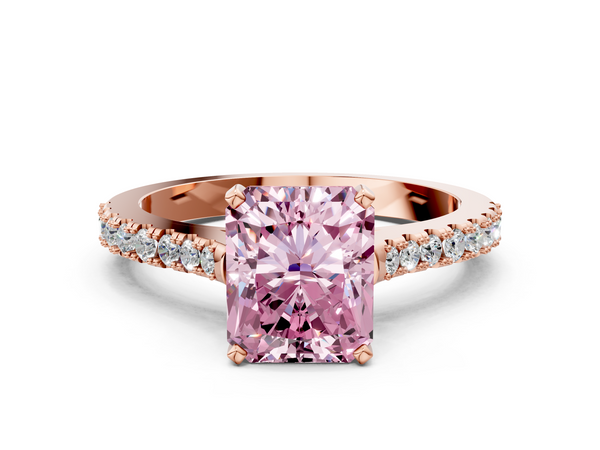 Rose gold Fancy Pink Radiant  Cut Solitaire Diamond Engagement Ring with Pave Band and Four-Prong Setting