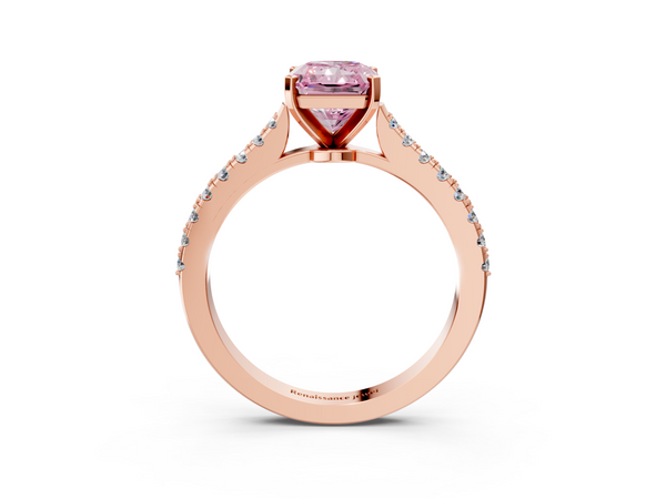 Rose gold Fancy Pink Radiant  Cut Solitaire Diamond Engagement Ring with Pave Band and Four-Prong Setting