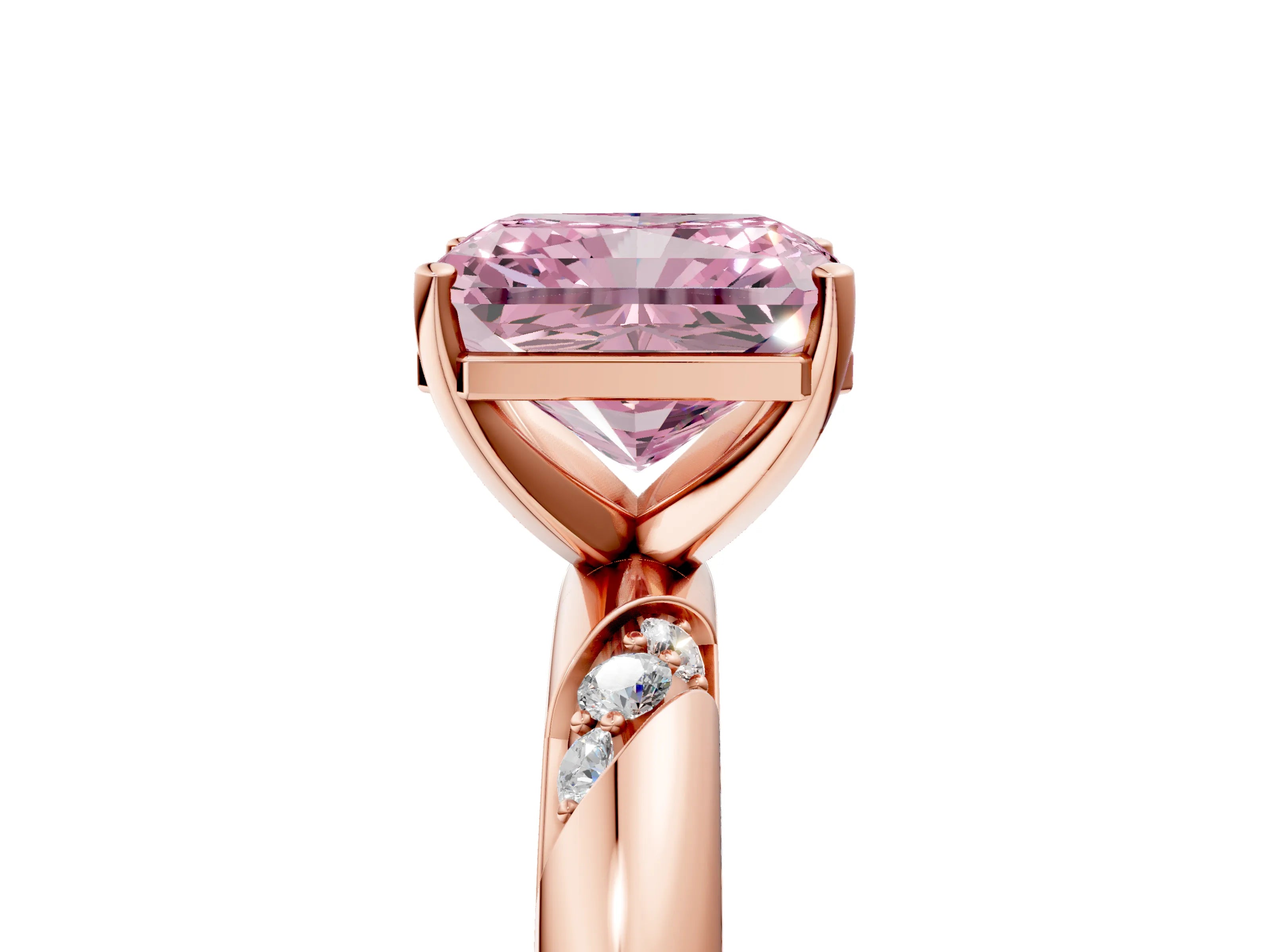 Rose gold Fancy Pink Radiant Cut Solitaire Diamond Engagement Ring with Twisted Pave Band and Four-Prong Setting_8