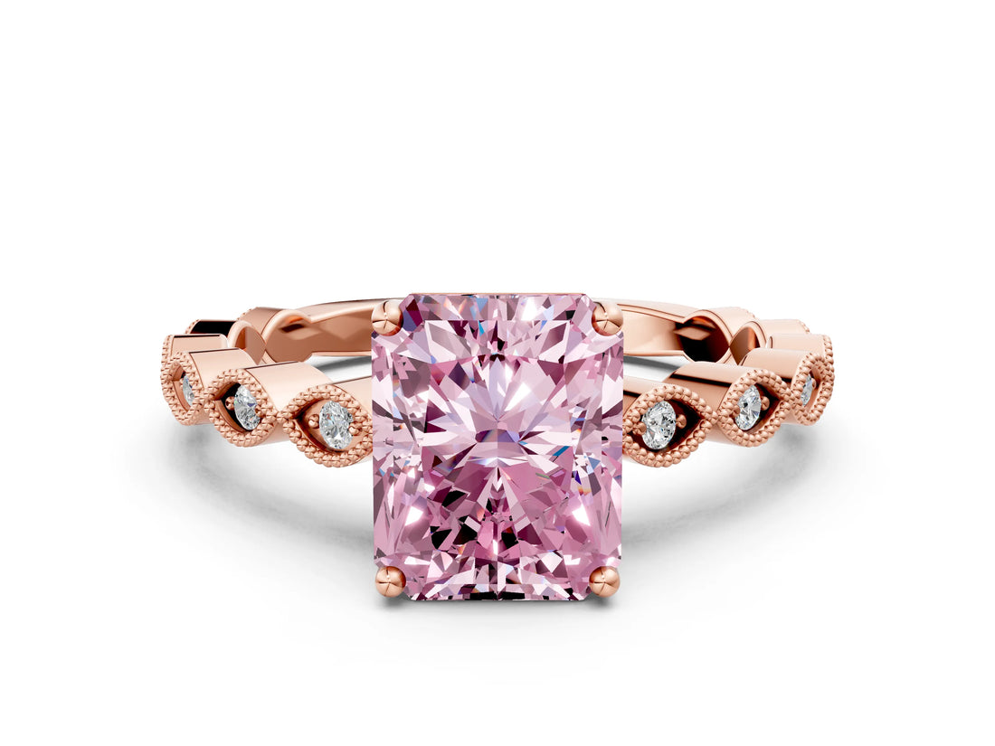 Rose gold Fancy Pink Radiant Cut Solitaire Diamond Ring with Infinity Twist Band and Four-Prong Setting