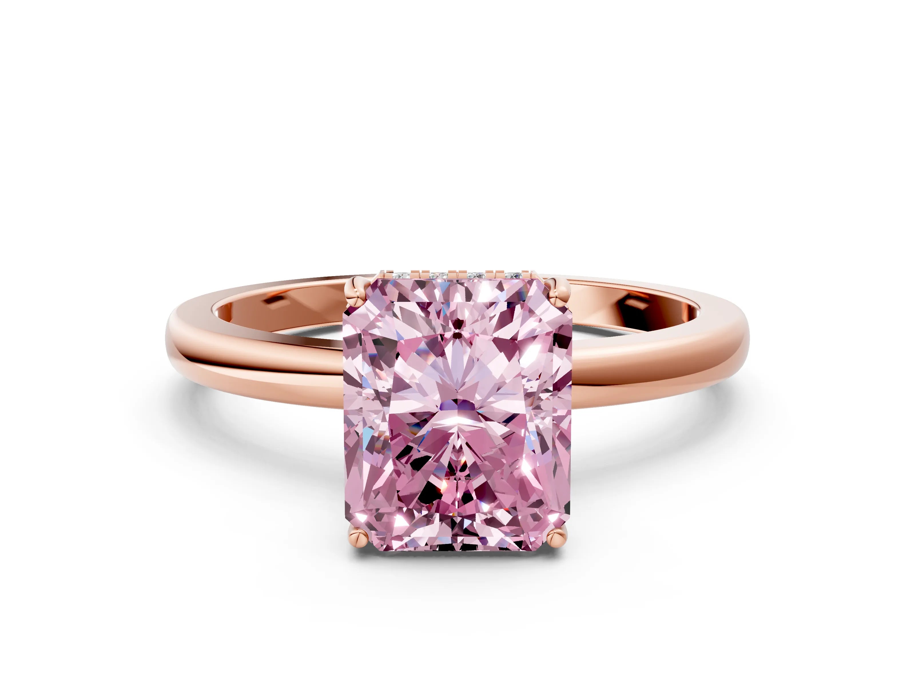 Rose gold Fancy Pink Radiant Cut Solitaire Diamond Ring with Prong Setting and Plain Band