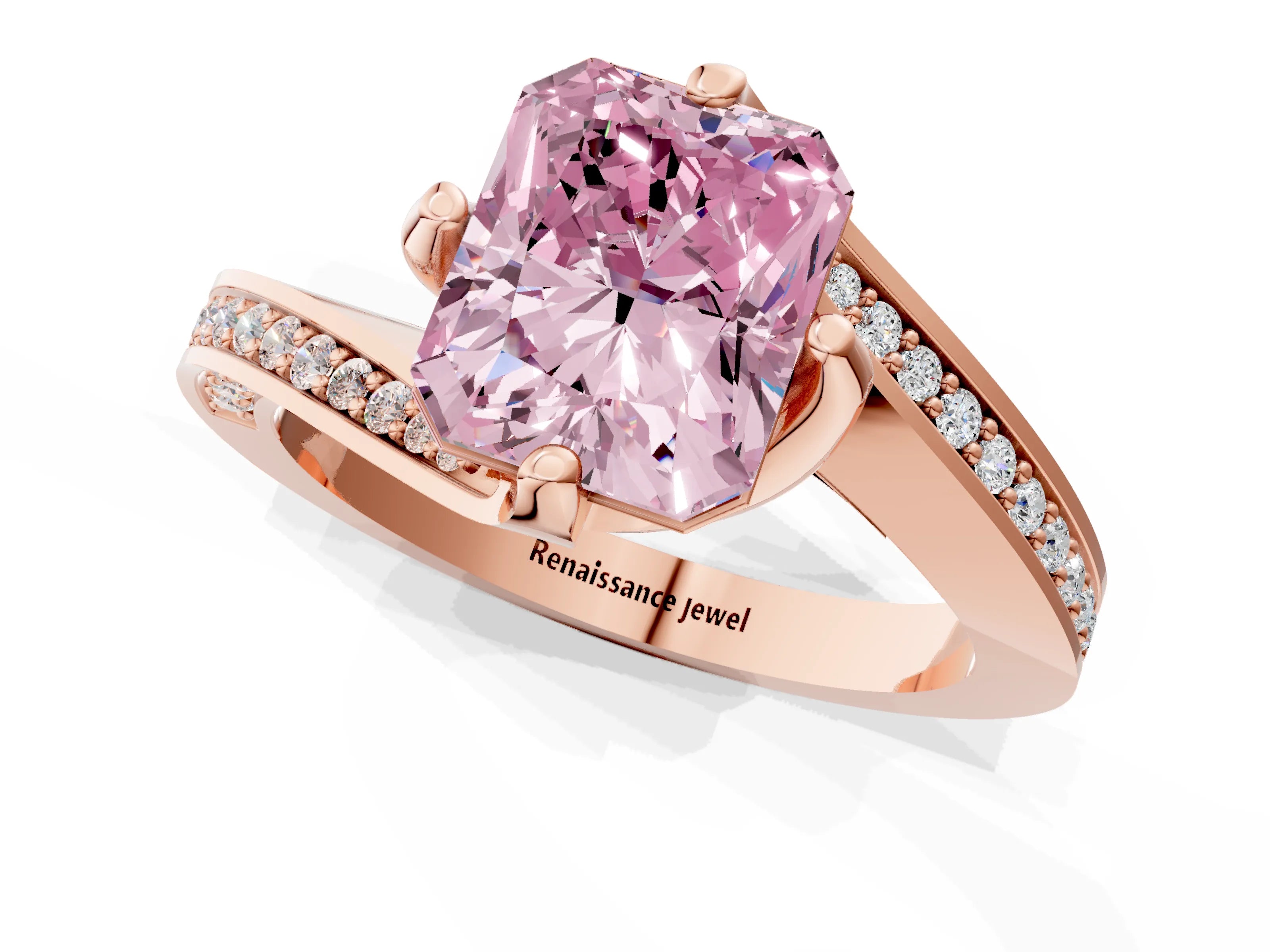 Rose gold Fancy Pink Radiant Cut Solitaire Diamond Twist Band with Pavé Setting and Four-Prong Setting_1